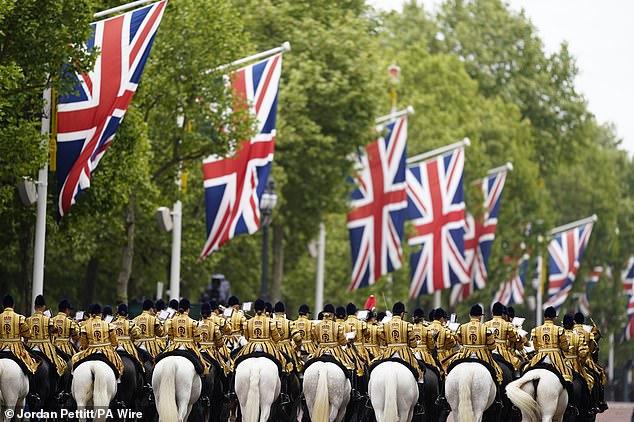 Members of the Band of the Household Cavalry ahead of a military procession marking the 80th anniversary of VE Day today