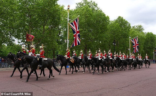 Members of the Household Cavalry Regiment parade on The Mall this morning ahead of the military procession