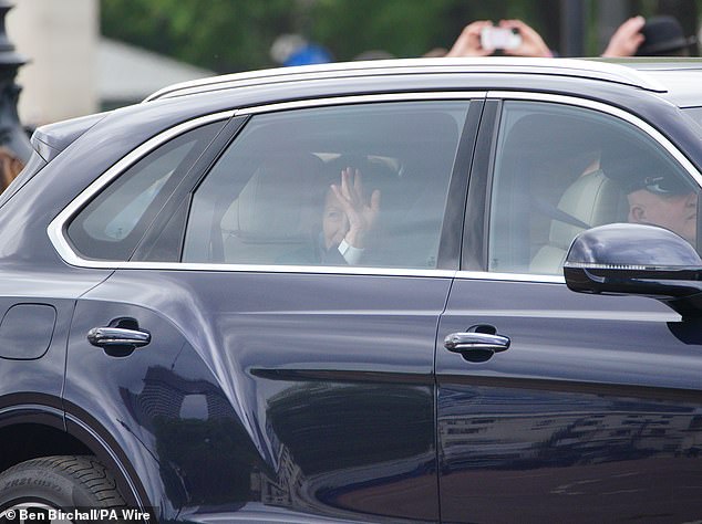 The Princess Royal arrives at Buckingham Palace today for the military procession marking the 80th anniversary of VE Day