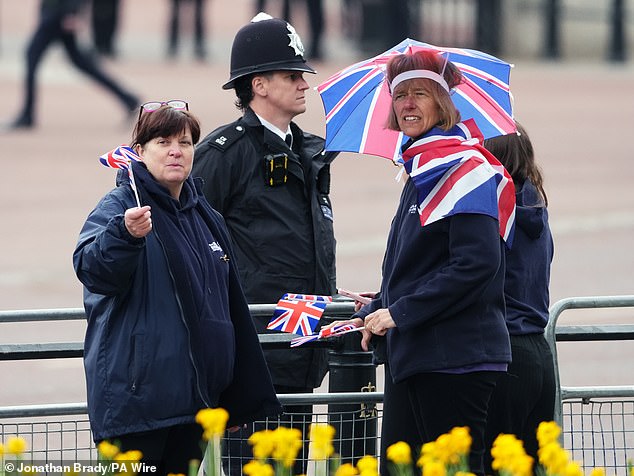 Members of the public ahead of the military procession for the 80th anniversary of VE Day at Buckingham Palace today