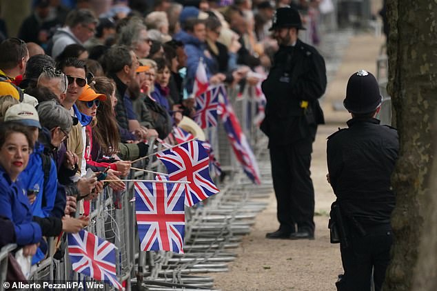Members of the public on the street ahead of a military procession marking the 80th anniversary of VE Day in London today