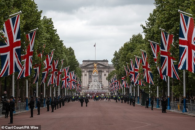 People gather on The Mall this morning ahead of a military procession marking the 80th anniversary of VE Day in London