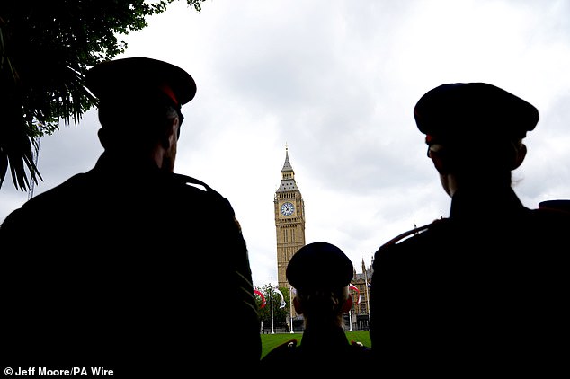 Military personnel near Parliament Square today ahead of the procession marking the 80th anniversary of VE Day today