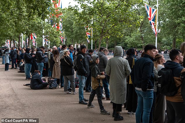 People gather on The Mall this morning ahead of a military procession marking the 80th anniversary of VE Day in London