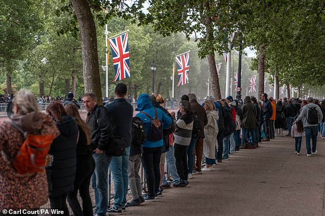 People gather on The Mall this morning ahead of a military procession marking the 80th anniversary of VE Day in London
