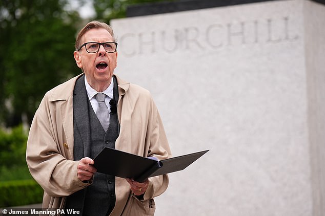 Actor Timothy Spall during rehearsals for his reading of Sir Winston Churchill's 1945 victory speech in London this morning