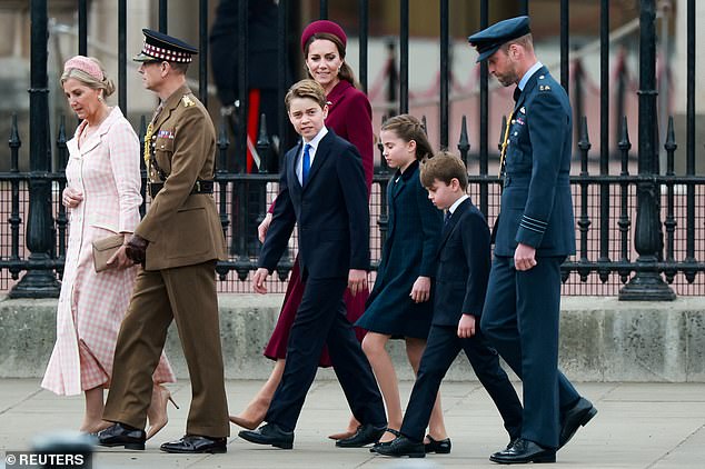 The Duke and Duchess of Edinburgh, and the Prince and Princess of Wales with Prince George, Princess Charlotte and Prince Louis arrive to attend the armed forces and veterans' parade commemorating the 80th anniversary of VE Day in London today