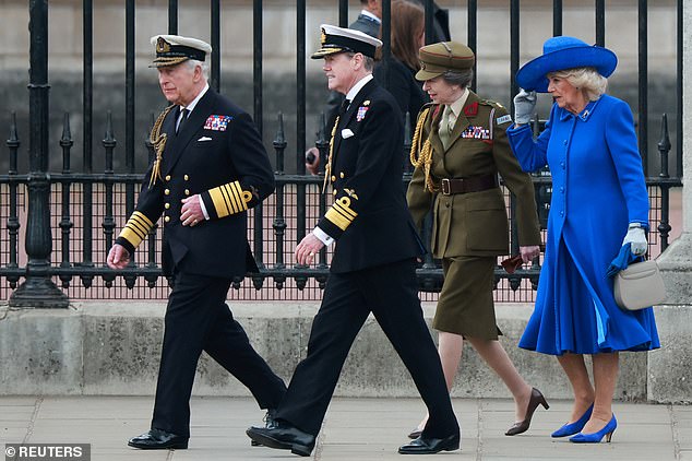 King Charles, Princess Anne, and Queen Camilla at the parade commemorating the 80th anniversary of VE Day today