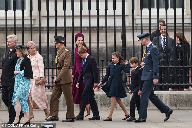 The Duke and Duchess of Edinburgh, and the Prince and Princess of Wales with Prince George, Princess Charlotte and Prince Louis arrive to attend the armed forces and veterans' parade commemorating the 80th anniversary of VE Day in London today