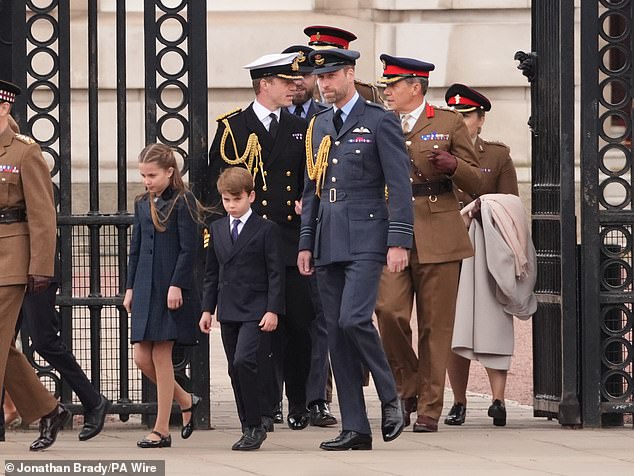 Princess Charlotte, Prince Louis and the Prince of Wales arrive ahead of the military procession in London this afternoon