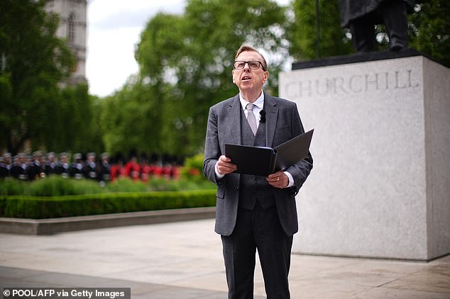 Actor Timothy Spall delivers some of the words of Sir Winston Churchill's 1945 victory speech in London this afternoon