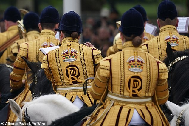 Members of the Mounted Band of the Household Cavalry parade on The Mall ahead of the military procession today