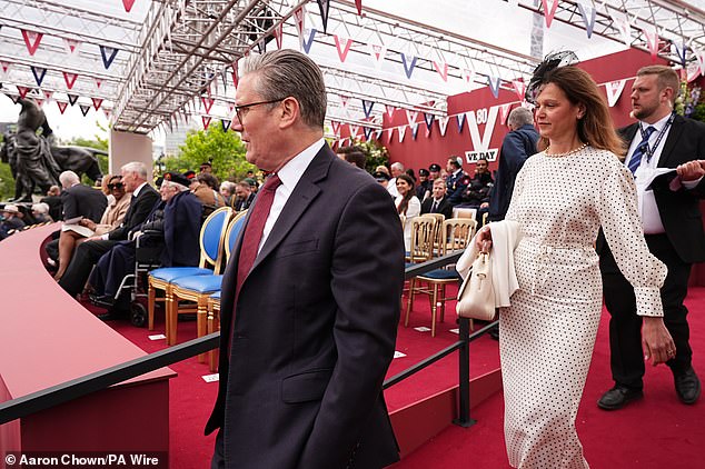 Prime Minister Sir Keir Starmer and his wife Lady Victoria arrive ahead of the military procession for VE Day 80 today