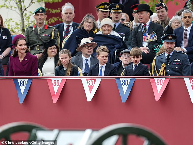 The Princess of Wales, Princess Charlotte, Prince George, Prince Louis and Prince William at VE Day 80 in London today