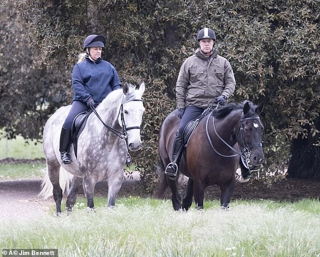 Dressed in a gray rain jacket and dark navy trousers, the royal was accompanied by a female horse groom.