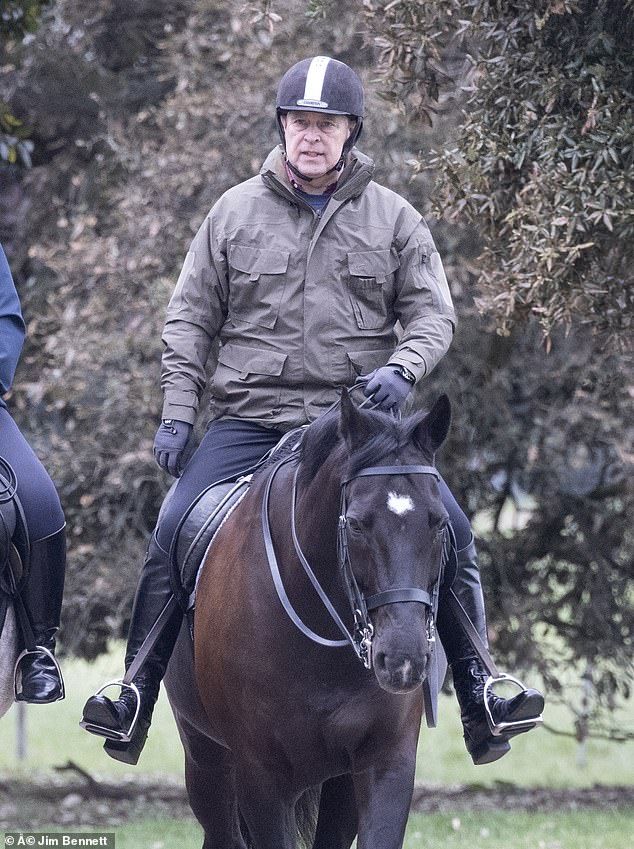 Outcast Prince Andrew took a solemn horse ride around Windsor Castle today while the rest of his family led VE Day celebrations in London
