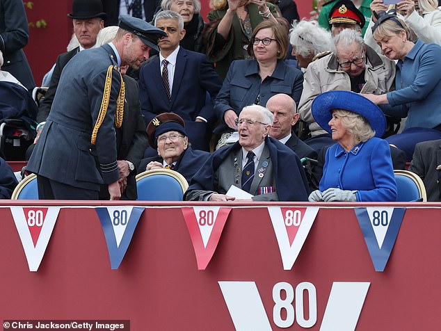Prince William speaks to veteran John Mortimer and Queen Camilla this afternoon