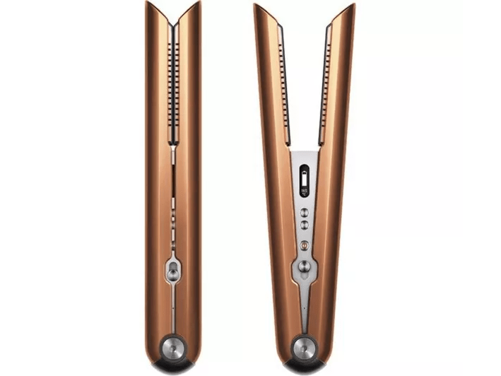 Rose gold hair straightener, open and closed.