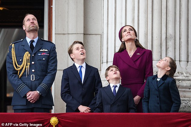 The Waleses all looked up in awe as they joined other Royal Family members in looking over the fly past