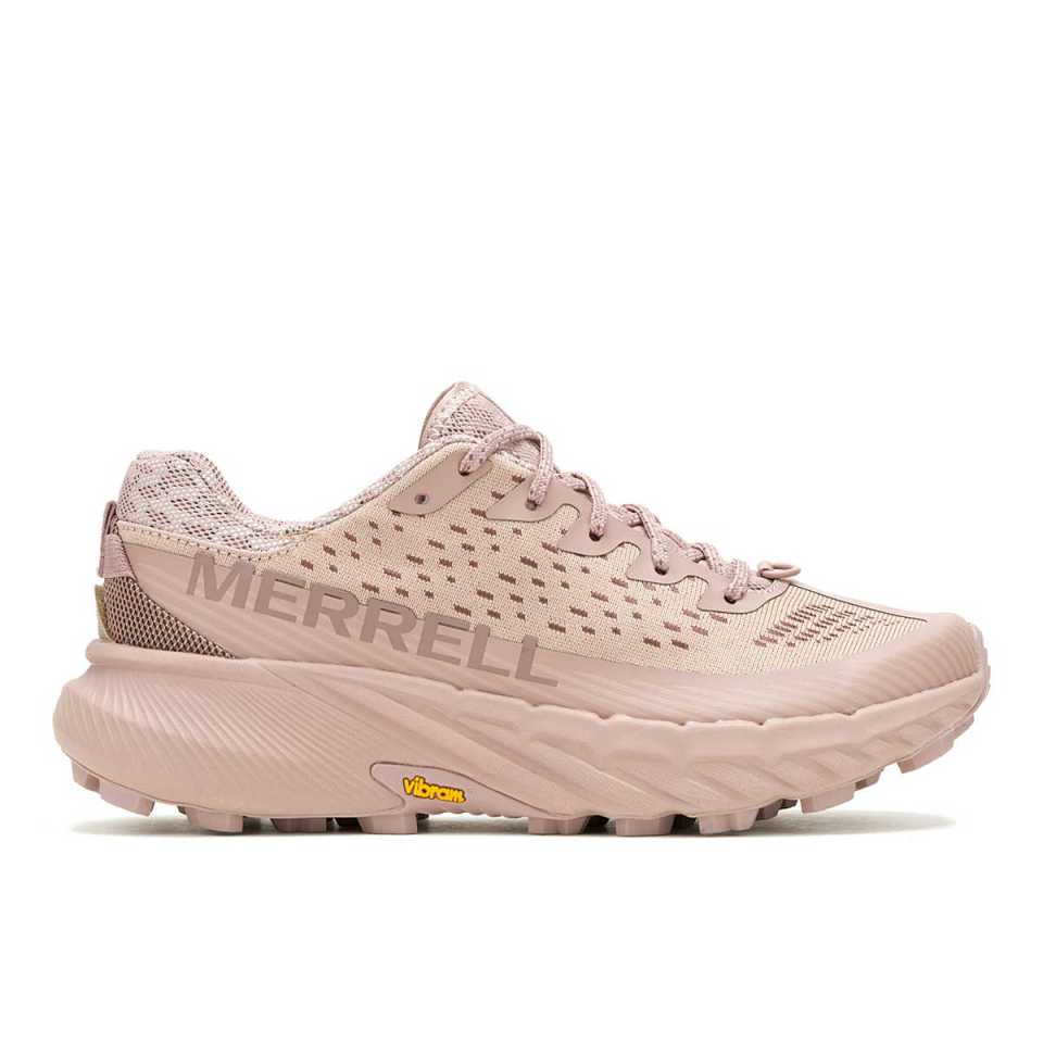 Pink Merrell trail running shoe.