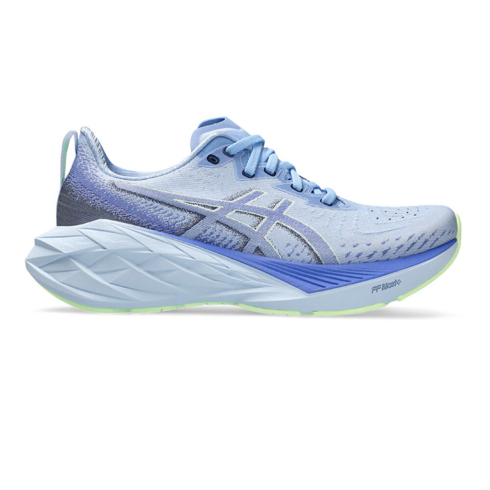 Light blue Asics running shoe.
