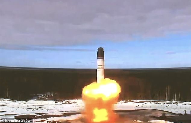 Responding to a question about Ukrainian strikes on Russian territory, he said: 'There has been no need to use those (nuclear) weapons' (File image of a Satan-2 missile)