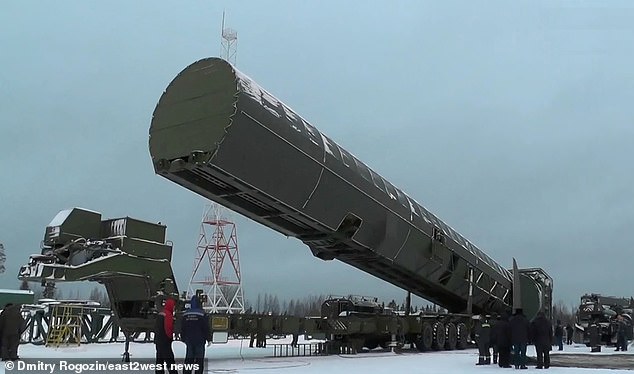 Responding to a question about Ukrainian strikes on Russian territory, he said: 'There has been no need to use those (nuclear) weapons ... and I hope they will not be required.' Pictured: The Sarmat intercontinental ballistic missile