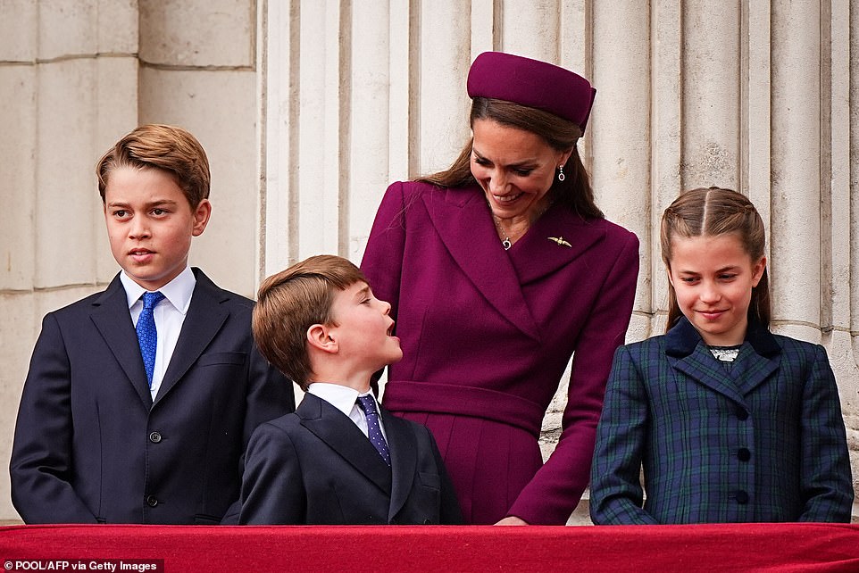 Kate, 43, and Louis, seven, stole the show with their sweet interactions while watching the flypast. Pictured with Prince George, 11, and Princess Charlotte, 10