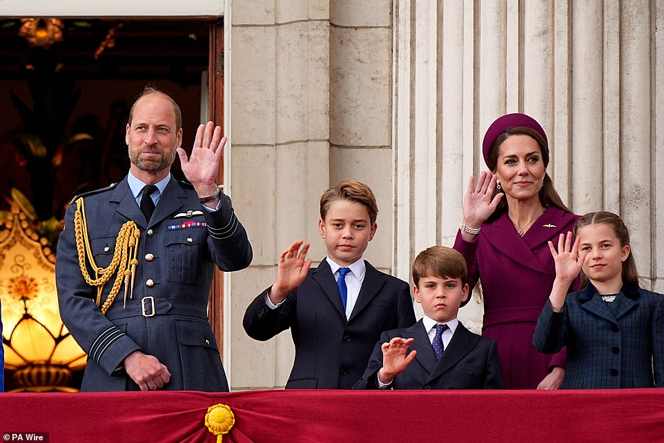 William and Kate were in high spirits as they took in the fly-past with their children from the balcony