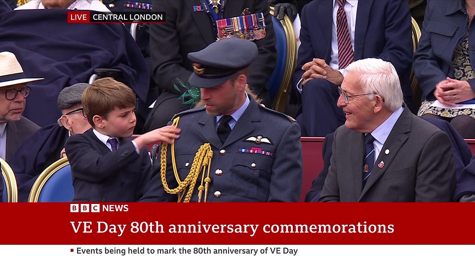 As Prince Louis sat next to his father Prince William, 43, he had made sure the future King was looking prim and proper