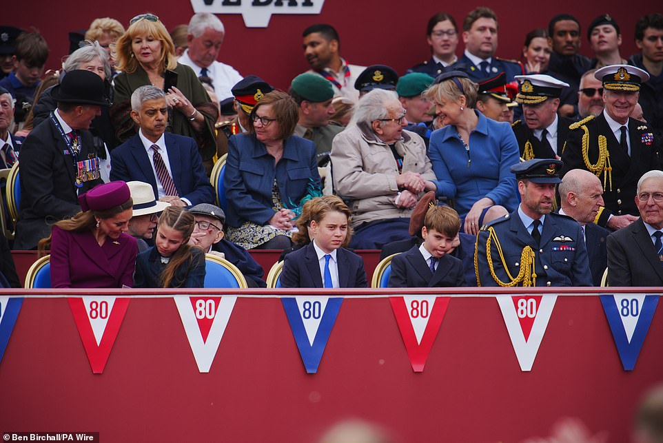 The royals sat in the front row of the audience to watch the procession. L-R: Princess of Wales, Princess Charlotte, Prince George, Prince Louis, Prince William