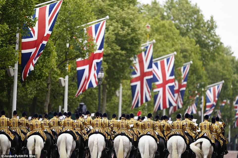 Members of the Band of the Household Cavalry ahead of a military procession marking the 80th anniversary of VE Day today