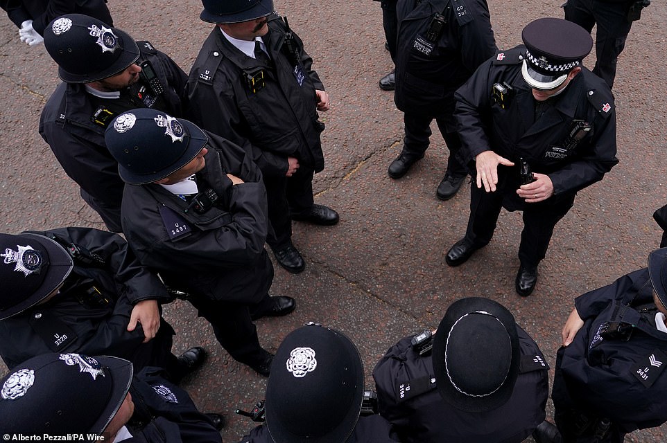 Police officers are briefed this morning ahead of a military procession marking the 80th anniversary of VE Day in London