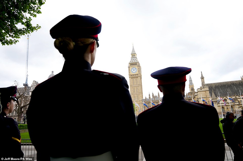 Military personnel near Parliament Square today ahead of the procession marking the 80th anniversary of VE Day today