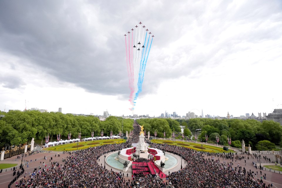 Military flypast over Buckingham Palace and The Mall.