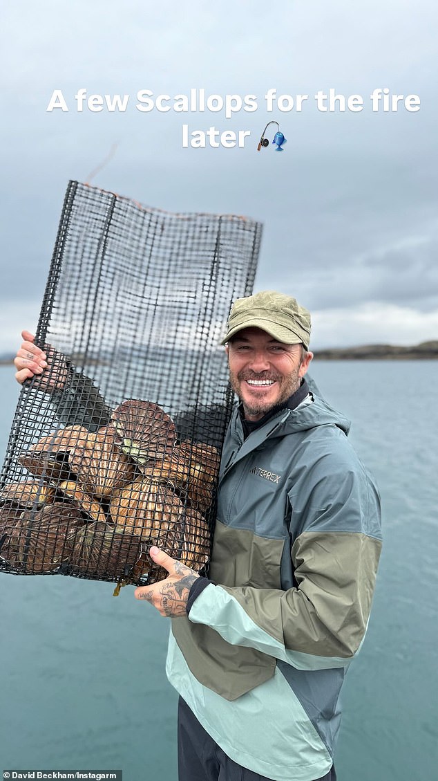 In another shot, David held up a net full of scallops which he said were ready to be cooked on the fire