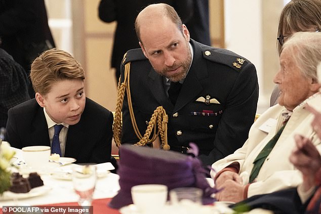 The young royal, 11, was polite and listened attentively as he made a surprise appearance, and spoke with veterans to commemorate VE Day on Monday