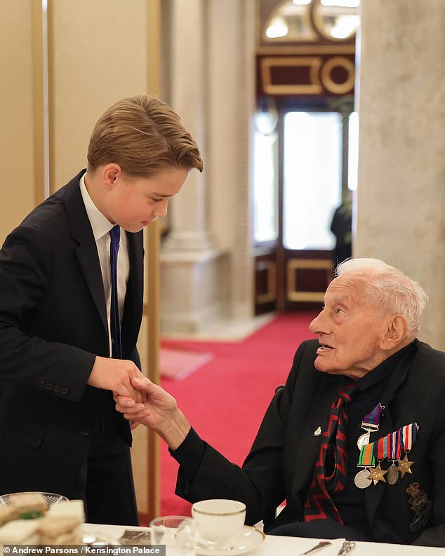 William and Kate's eldest son was polite as ever as he shook hands with veterans this afternoon