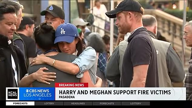 Meghan comforting victims and emergency services at an evacuation centre during the fires in LA earlier this year