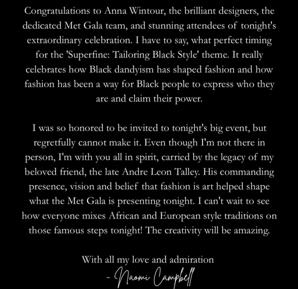 Naomi Campbell's message of congratulations for the Met Gala's "Superfine: Tailoring Black Style" theme.