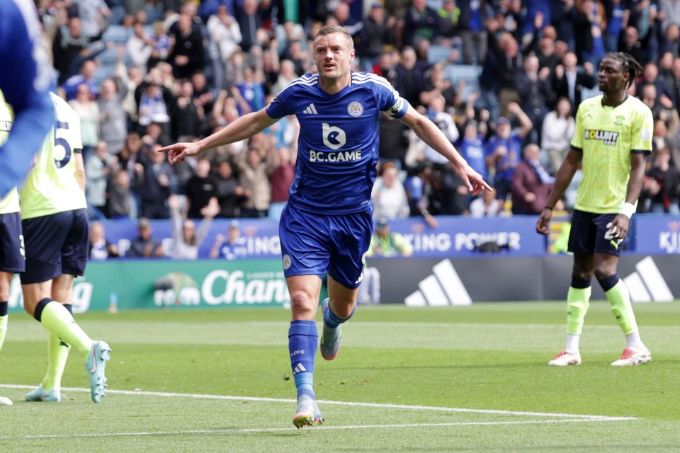 Jamie Vardy of Leicester City celebrating a goal.