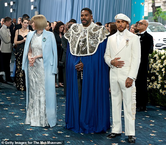 NEW YORK, NEW YORK - MAY 05: (L-R) Met Gala Chair Anna Wintour, Co-Chair Colman Domingo and Co-Chair Lewis Hamilton attend the 2025 Met Gala Celebrating "Superfine: Tailoring Black Style" at Metropolitan Museum of Art on May 05, 2025 in New York City.  (Photo by Dimitrios Kambouris/Getty Images for The Met Museum/Vogue)