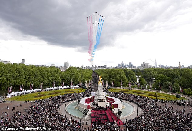 The military fly past passes over The Mall and Buckingham Palace at the end of the procession for VE Day 80 today