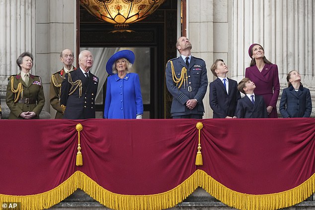 King Charles III, Queen Camilla, the Prince and Princess of Wales, George, Charlotte and Louis at Buckingham Palace today