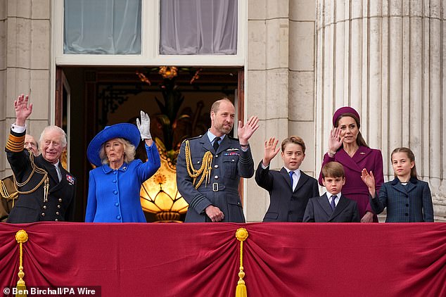 King Charles III, Queen Camilla, the Prince and Princess of Wales, George, Charlotte and Louis at Buckingham Palace today