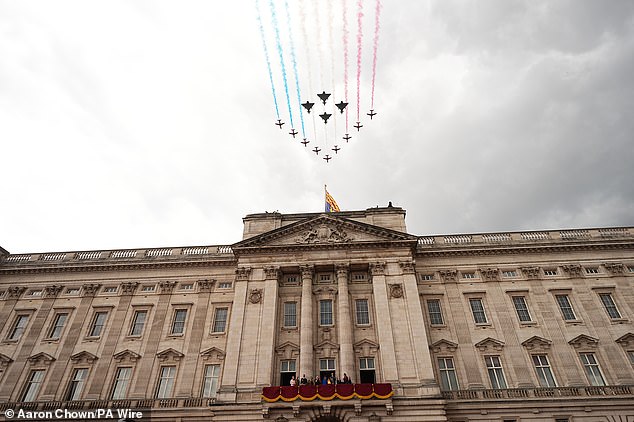 Members of the royal family on the balcony of Buckingham Palace to view the flypast in London this afternoon