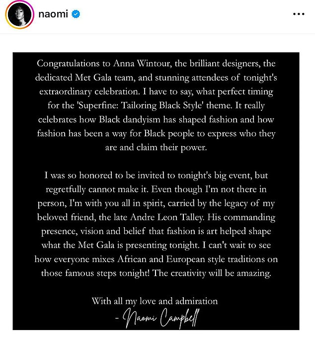'I was so honored to be invited to tonight's big event, but regretfully cannot make it,' she told her Instagram followers