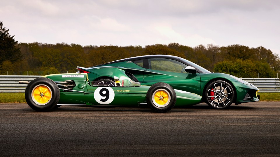Lotus Emira Clark Edition and a vintage Lotus race car side-by-side on a track.