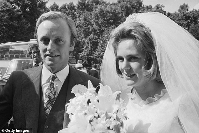 Before the VE Day celebrations began, Queen Camilla joined her first husband, Brigadier Andrew Parker Bowles, for a memorial service at Hereford Cathedral (pictured at their wedding in 1973)