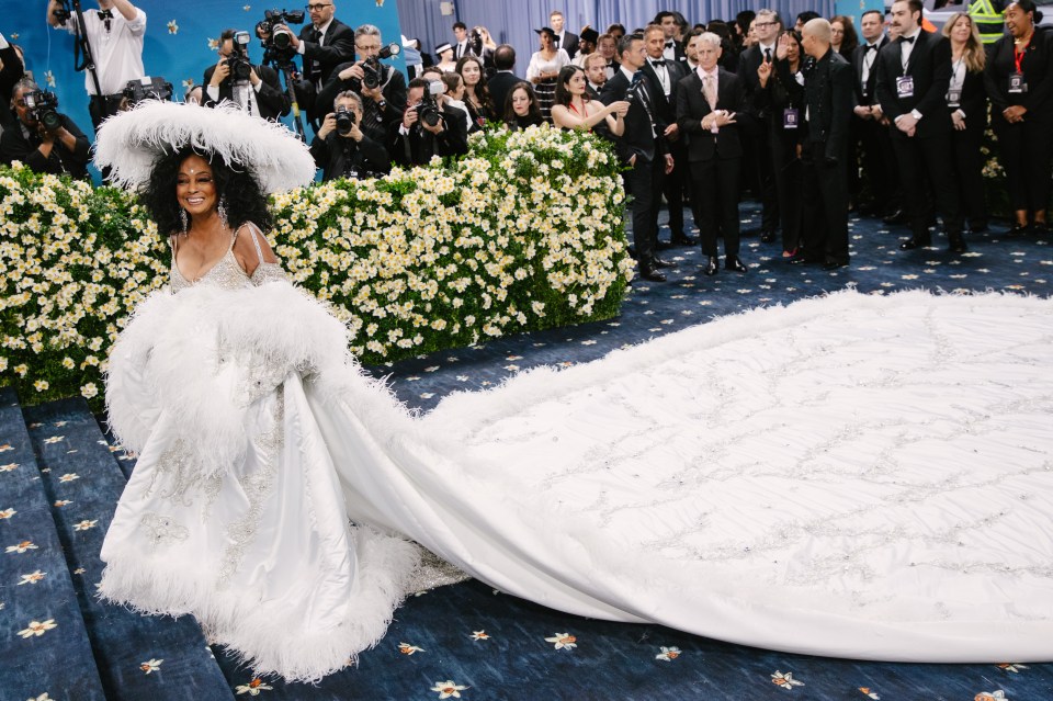 Diana Ross in a white feathered gown at the Met Gala.